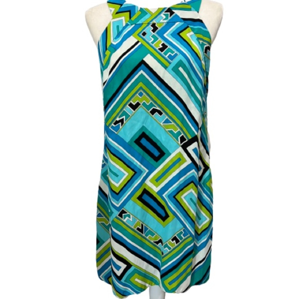 Alice & Trixie Silk Sheath Dress Square Neck Cut-Out Back Sleeveless Retro Print